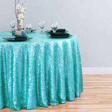 Load image into Gallery viewer, 120 in. Round Sequin Tablecloth Turquoise