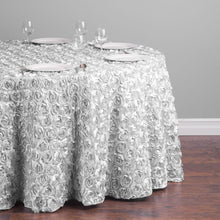 Load image into Gallery viewer, 118 in. Round Rosette Satin Tablecloth Silver