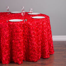 Load image into Gallery viewer, 118 in. Round Rosette Satin Tablecloth Red