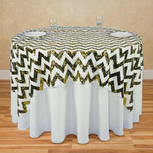 Load image into Gallery viewer, 72 in. Square Chevron Sequin Overlay (Table Ready) White & Gold