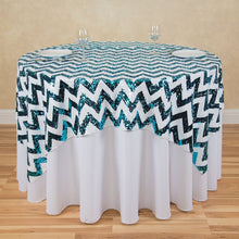Load image into Gallery viewer, 72 in. Square Chevron Sequin Overlay (Table Ready) White & Gold