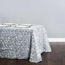 Load image into Gallery viewer, 88 X 130 in. Rectangular Rosette Satin Tablecloth Silver