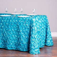 Load image into Gallery viewer, 88 X 130 in. Rectangular Rosette Satin Tablecloth Turquoise