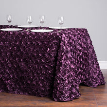 Load image into Gallery viewer, 88 X 130 in. Rectangular Rosette Satin Tablecloth Eggplant