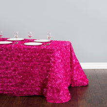 Load image into Gallery viewer, 88 X 130 in. Rectangular Rosette Satin Tablecloth Fuchsia