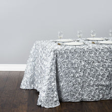 Load image into Gallery viewer, 88 X 154 in. Rectangular Rosette Satin Tablecloth Silver