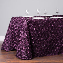Load image into Gallery viewer, 88 X 154 in. Rectangular Rosette Satin Tablecloth Eggplant