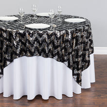 Load image into Gallery viewer, 72 in. Square Chevron Sequin Overlay (Table Ready) White & Gold