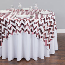 Load image into Gallery viewer, 72 in. Square Chevron Sequin Overlay (Table Ready) White & Gold