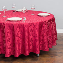 Load image into Gallery viewer, 108 in. Round Falling Lilies Damask Tablecloth Burgundy
