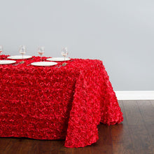 Load image into Gallery viewer, 88 X 130 in. Rectangular Rosette Satin Tablecloth Red

