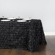 Load image into Gallery viewer, 88 X 154 in. Rectangular Rosette Satin Tablecloth Black
