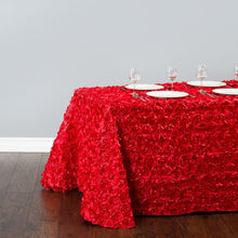 Load image into Gallery viewer, 88 X 154 in. Rectangular Rosette Satin Tablecloth Red
