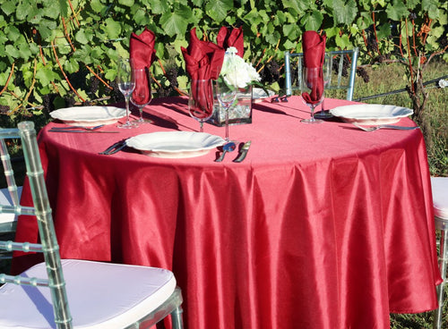 90 in. Round Satin Tablecloth Burgundy