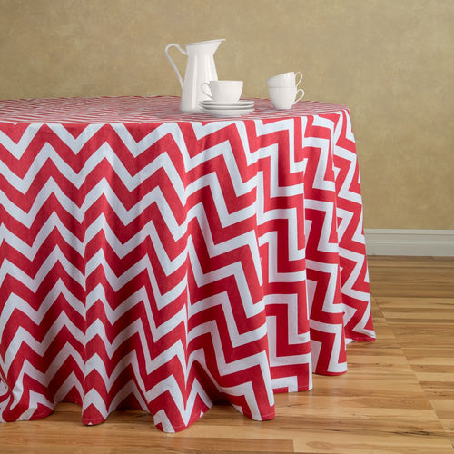 120 in. Chevron Round Cotton Tablecloth Red & White