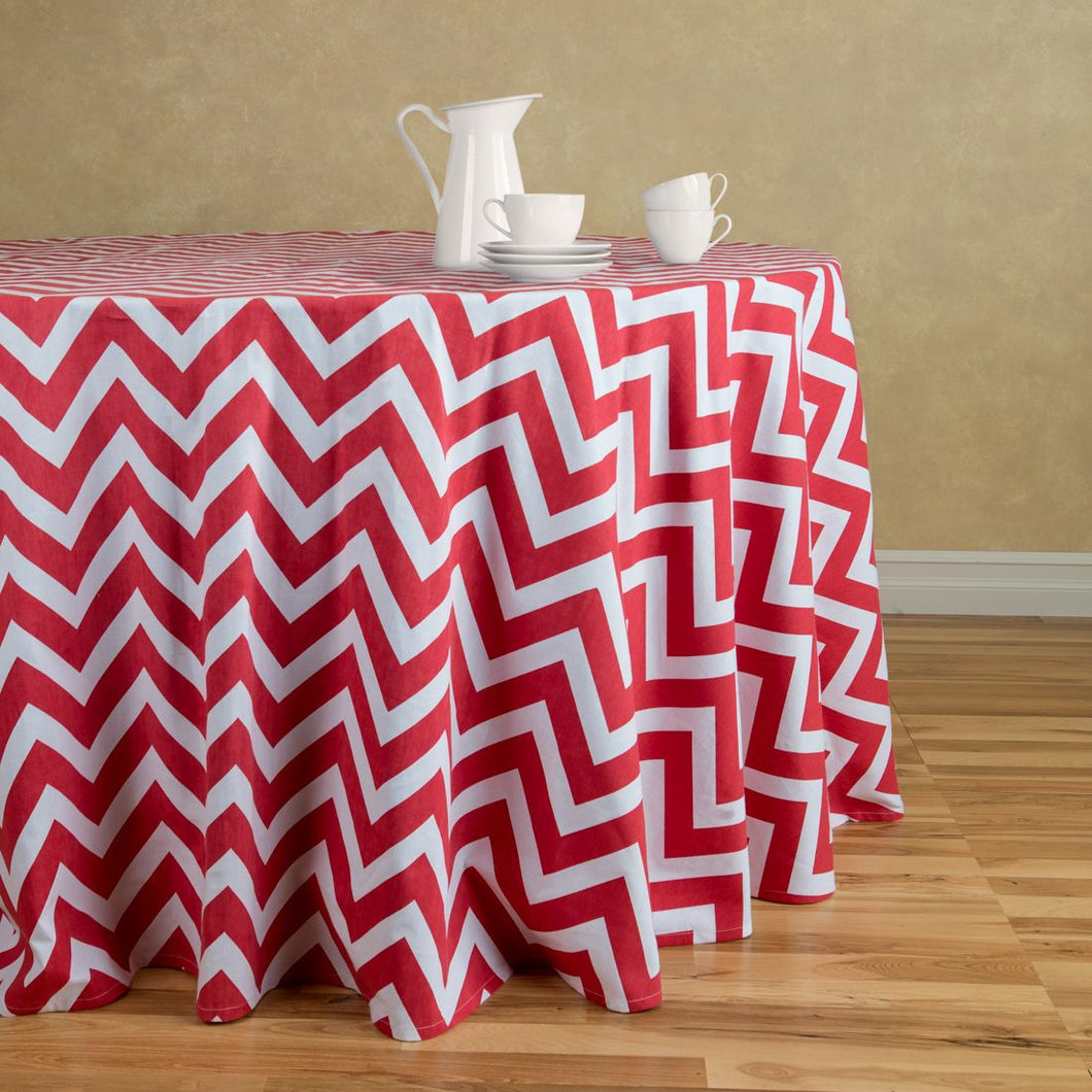 120 in. Chevron Round Cotton Tablecloth Red & White