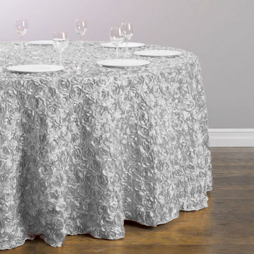 130 in. Round Rosette Satin Tablecloth Silver