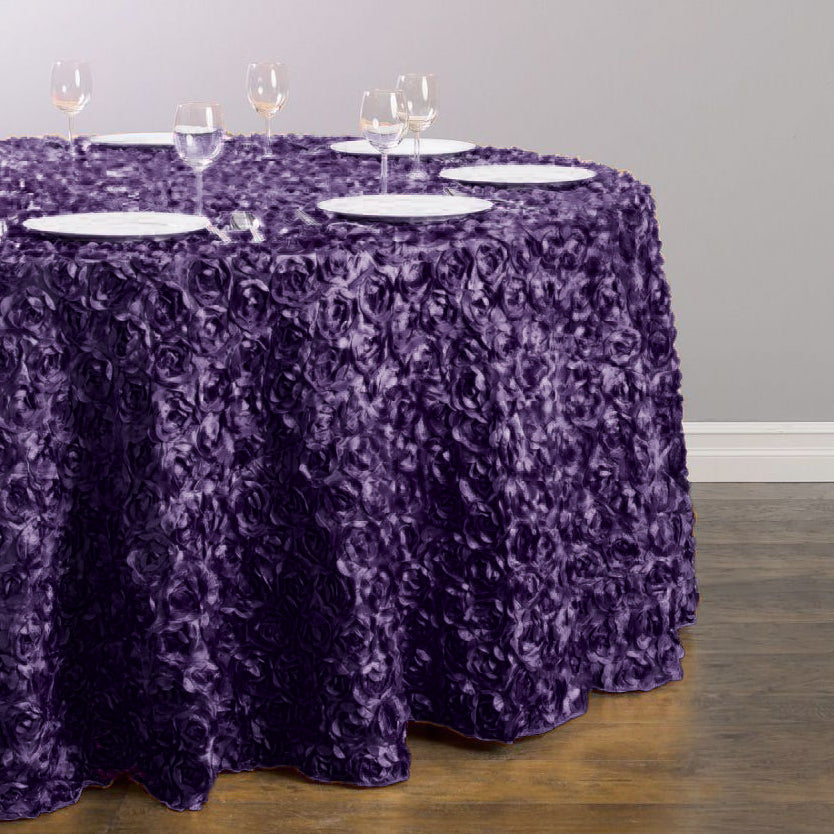 130 in. Round Rosette Satin Tablecloth Eggplant